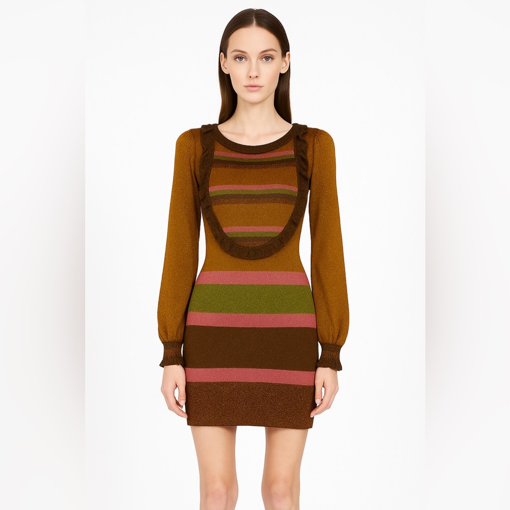 Designer $895 MSRP 2000’s ROBERT CAVALLI Long Sleeve Striped Metallic Bodycon